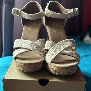TOMS Beige Woven Strappy Wedges